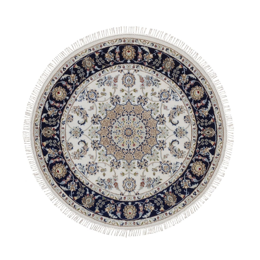 4'2"x4'2" Ivory Wool & Silk Nain 250 KPSI Hand Knotted Round Oriental Rug: 4'2"x4'2" Ivory Wool & Silk Nain 250 KPSI Hand Knotted Round Oriental Rug Hand-knotted with wool and silk, this 4'2"x4'2" Nain-style round rug boasts a medallion pattern in a rich ivory color. The sub