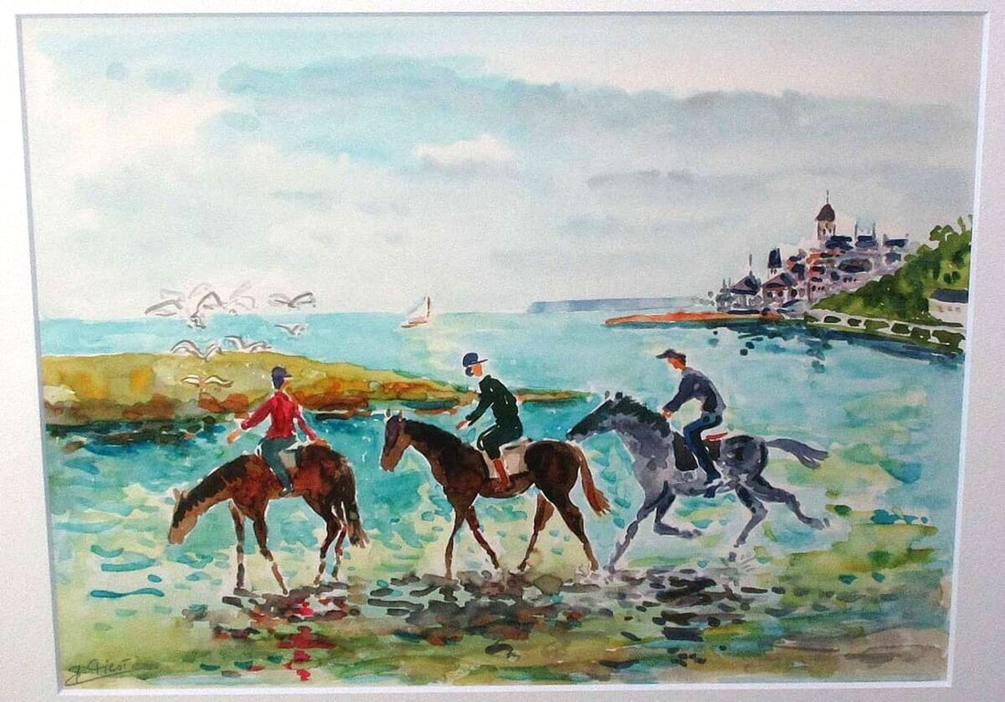 French Art Jean Claude Picot Signed Original Watercolor Horse Riders Beach (1 of 9)