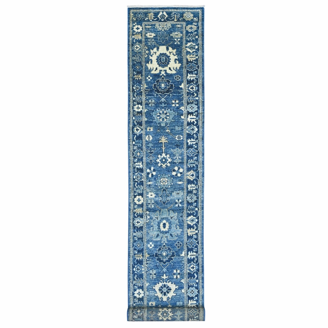 2'9"x19' Denim Blue Angora Oushak Leaf Design Hand Knotted Wool Runner Rug: 2'9"x19' Denim Blue Angora Oushak Leaf Design Hand Knotted Wool Runner Rug Hand-knotted in wool, this stunning 2'9"x19' Denim Blue Angora Oushak Leaf Design rug boasts a rich, blue field with intricat
