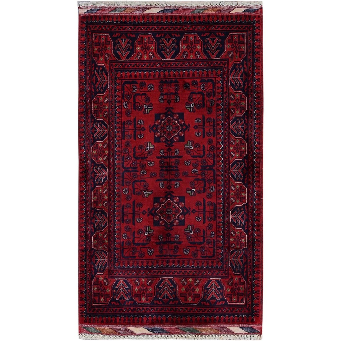 2'7"x4'5" Chili Red Afghan Khamyab Tribal Design Soft Wool Hand Knotted Rug: 2'7"x4'5" Chili Red Afghan Khamyab Tribal Design Soft Wool Hand Knotted Rug 53" x 31" Chili Red Afghan Khamyab Tribal Design Soft Wool Hand Knotted Rug. This vibrant, hand-knotted rug features a stunn