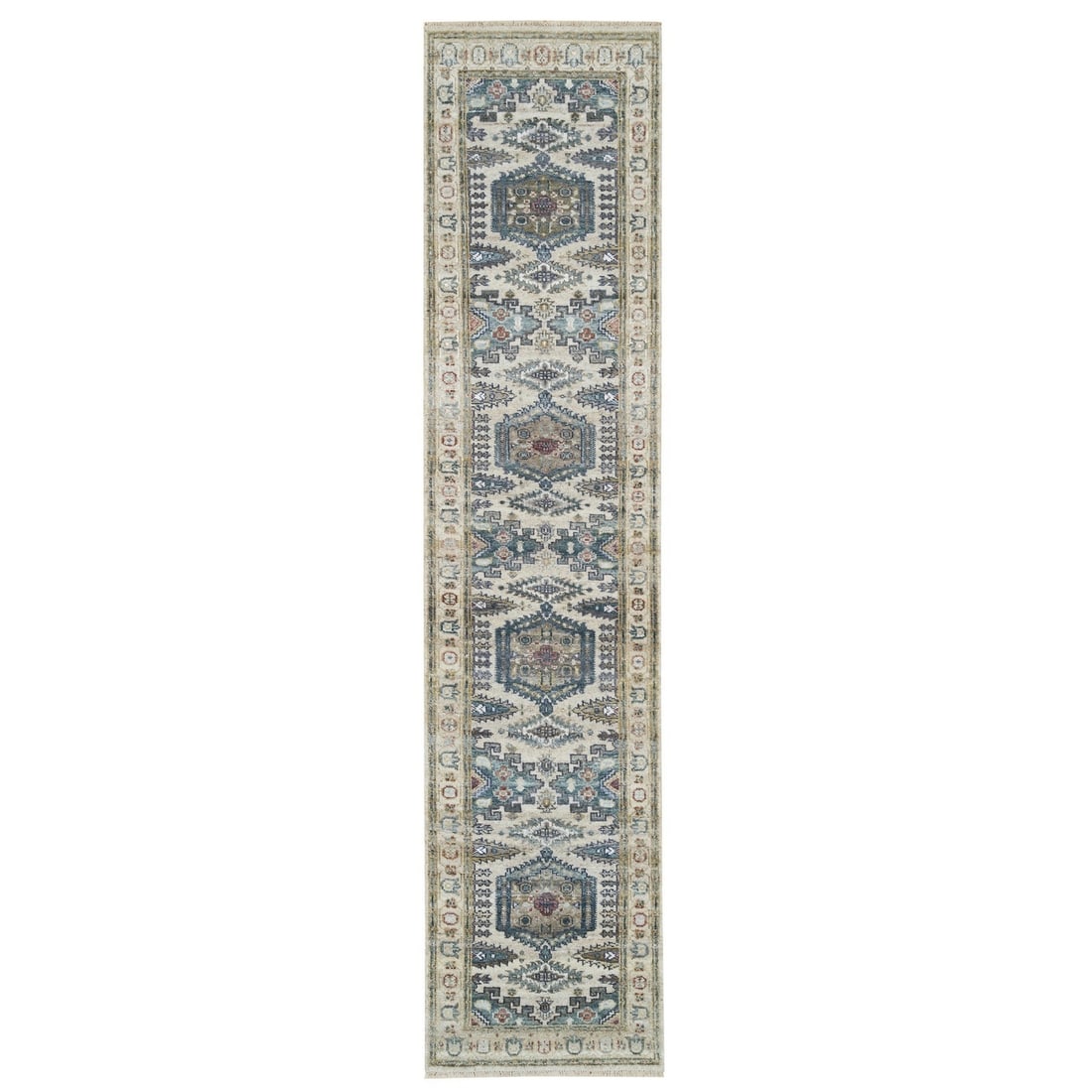 Winter White Hand Knotted Wool Runner Oriental Rug 2'6"x11'8: Winter White Hand Knotted Wool Runner Oriental Rug 2'6"x11'8 Hand-knotted with wool, this Winter White Oriental rug boasts a striking ivory field color and intricate border, woven in a traditional Zor