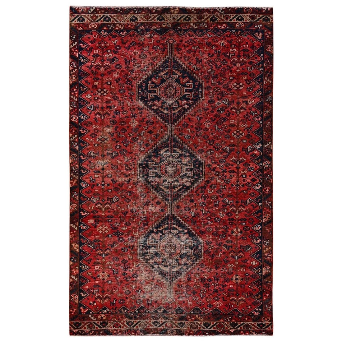 5'4"x9'2" Red Vintage Zoroastrian Sheeraz Hand Knotted Wool Worn Down Rug: 5'4"x9'2" Red Vintage Zoroastrian Sheeraz Hand Knotted Wool Worn Down Rug 5'4"x9'2" Red Vintage Zoroastrian Sheeraz Hand Knotted Wool Worn Down Rug - A stunning example of traditional Turkish craftsma