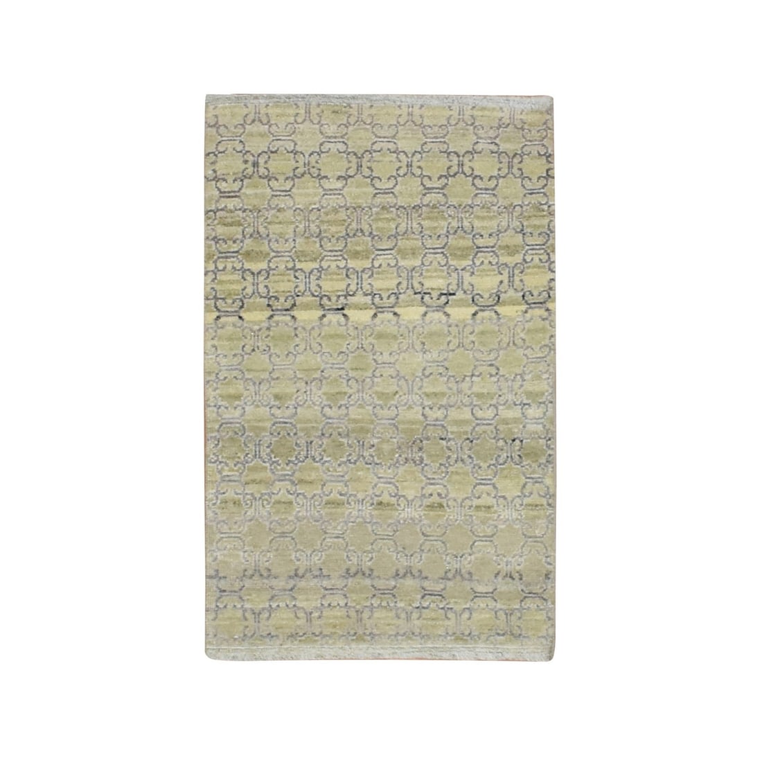 2'x3' Olive Green Khotan Design Silk Hand Knotted Sample Mat Oriental Rug: 2'x3' Olive Green Khotan Design Silk Hand Knotted Sample Mat Oriental Rug Olive green silk hand-knotted sample mat from the Khotan design, a classic Oriental regional pattern. This 2'x3' rectangular f