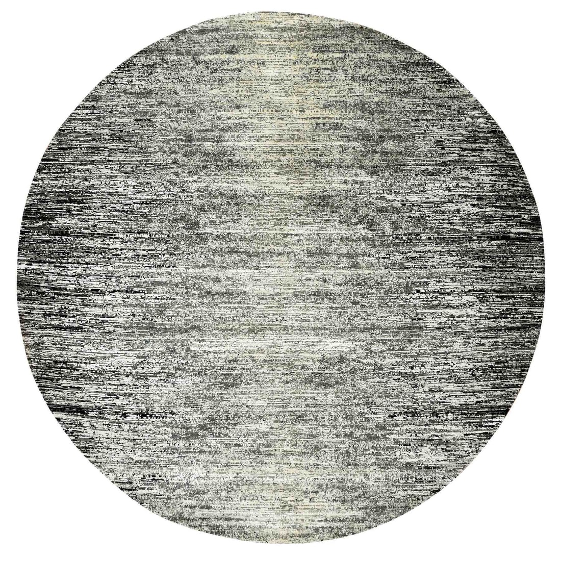 Striae Design Black Wool Silk Hand Knotted Round Rug: Striae Design Black Wool Silk Hand Knotted Round Rug Striae Design Black Wool Silk Hand Knotted Round Rug is a modern, hand-knotted masterpiece featuring a sleek black field with a subtle sheen. Made 
