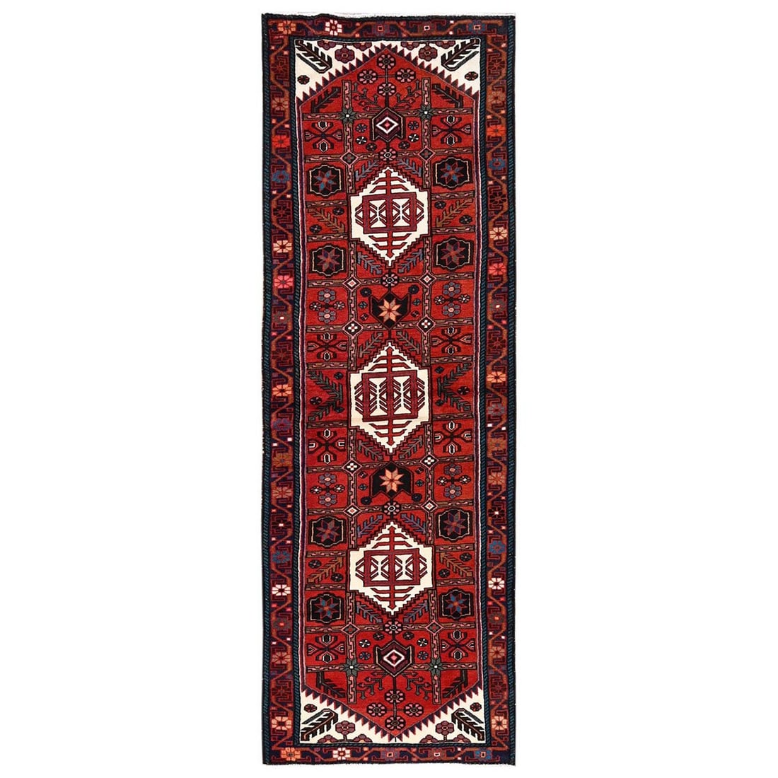 2'10"x9'6" Red New Zoroastrian Amadan Hand Knotted Wool Runner Oriental Rug: 2'10"x9'6" Red New Zoroastrian Amadan Hand Knotted Wool Runner Oriental Rug Red Zoroastrian Amadan Hand Knotted Wool Runner Rug boasts a vibrant all-over regional design in a rich red field, complemen