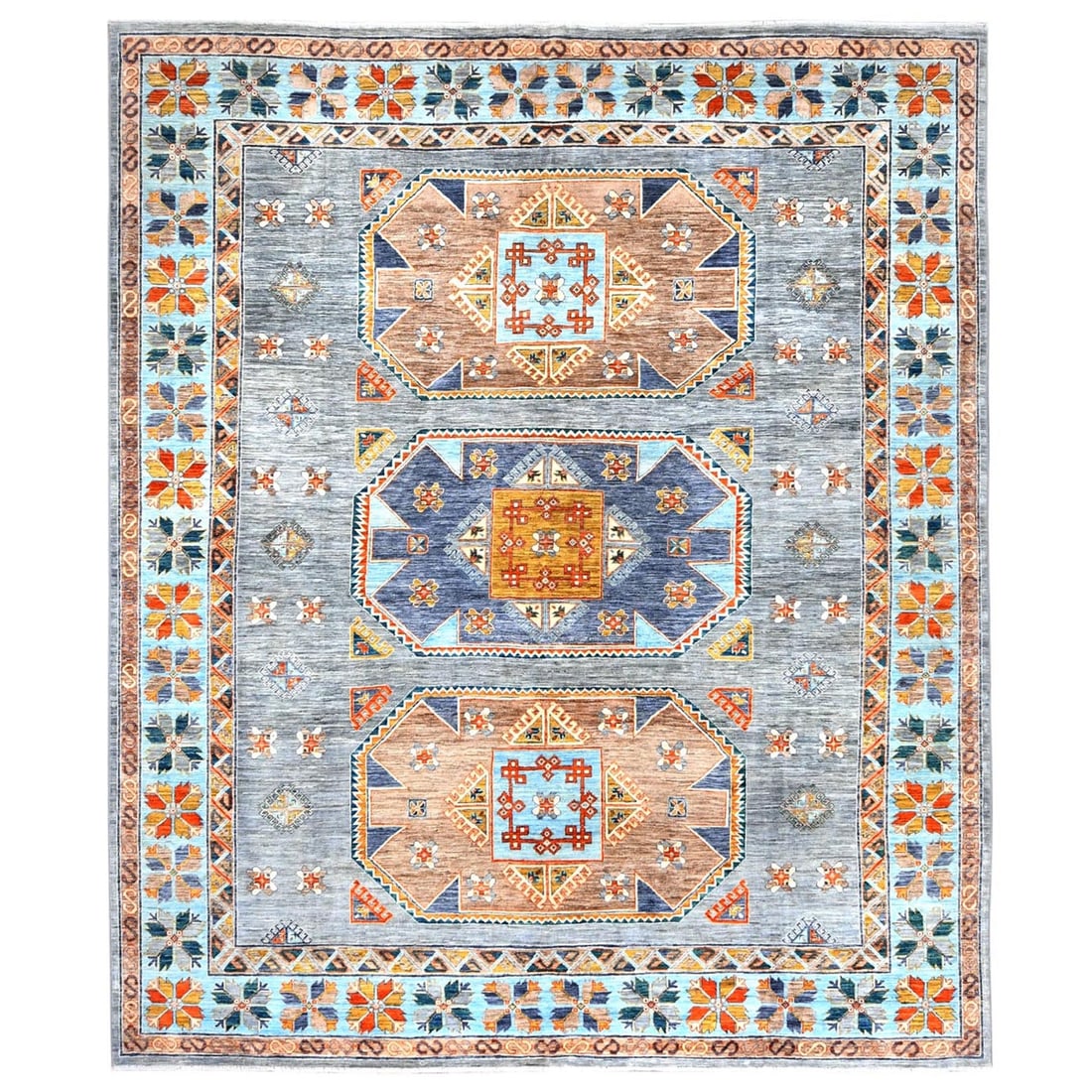 Hand Knotted Gray Wool Rug Inspired By Armenian Design 8'3"x9'7: Hand Knotted Gray Wool Rug Inspired By Armenian Design 8'3"x9'7 Hand-knotted in thick, plush wool, this 8'3"x9'7" rectangular rug boasts a stunning gray field with intricate, regional design inspired 