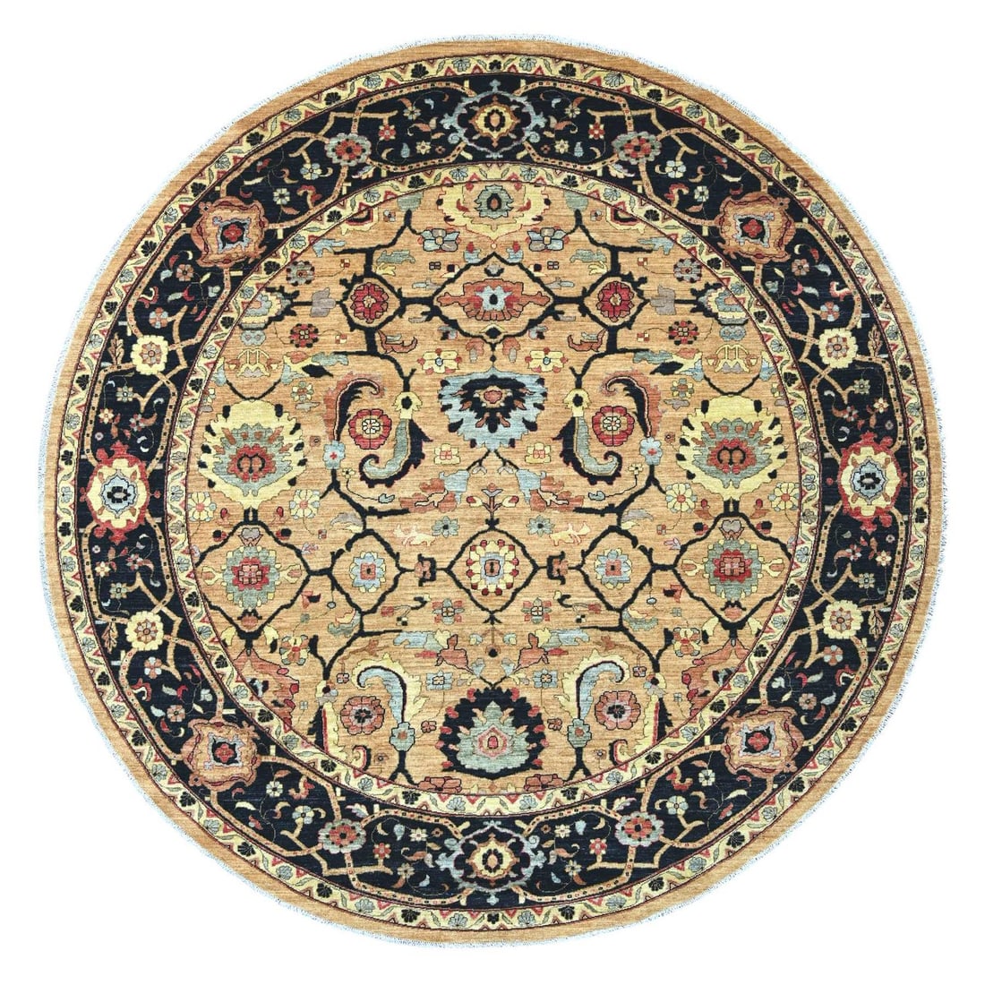 Brown Peshawar Ziegler Mahal Design Hand Knotted Wool Round Rug 10'x10: Brown Peshawar Ziegler Mahal Design Hand Knotted Wool Round Rug 10'x10 Brown Peshawar Ziegler Mahal Design Hand Knotted Wool Round Rug 10'x10 is a stunning example of Afghan craftsmanship, boasting an