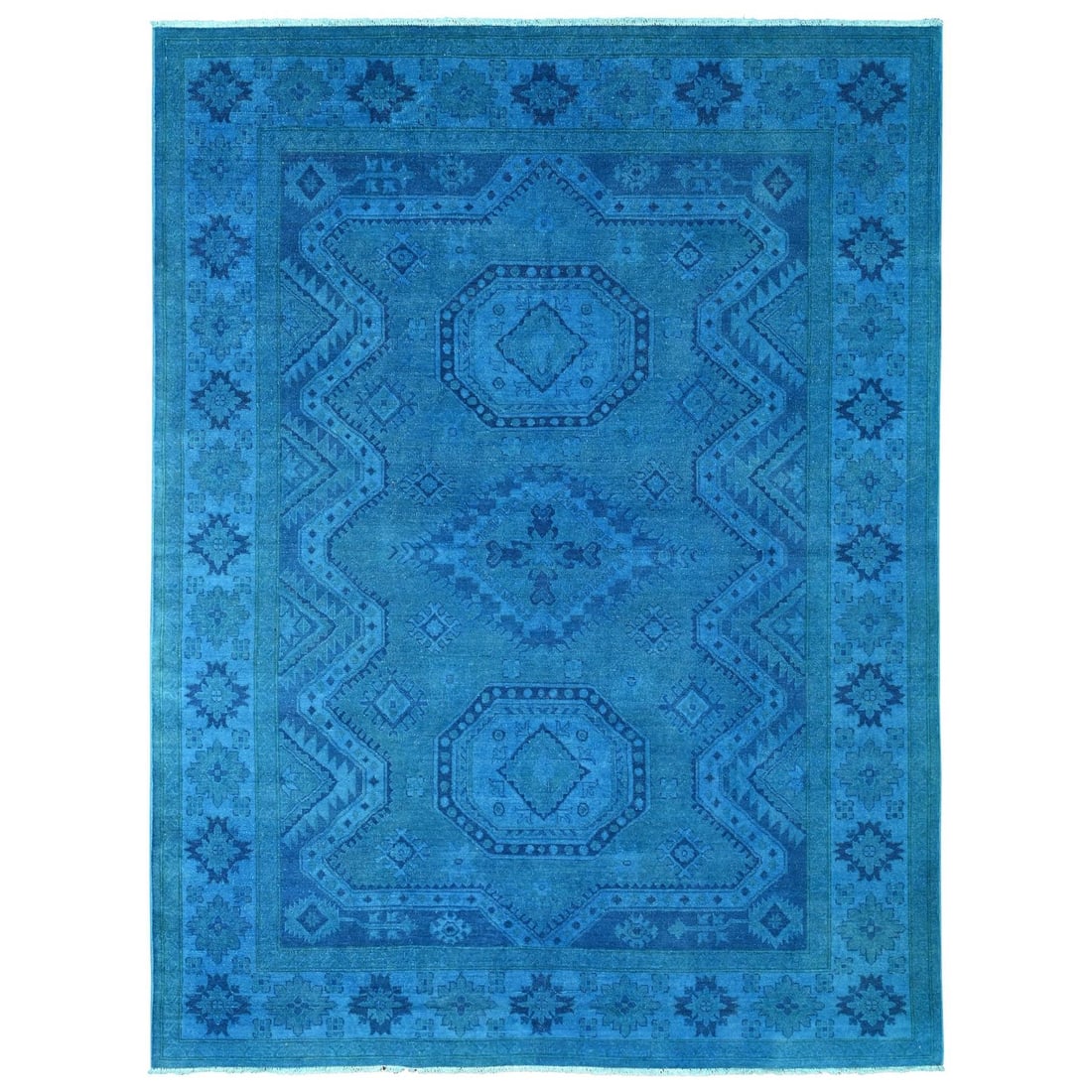 7'8"x10'1" Blue Hand Knotted Overdyed Kazak Geometric Design All Wool Rug: 7'8"x10'1" Blue Hand Knotted Overdyed Kazak Geometric Design All Wool Rug Hand-knotted in Afghanistan, this stunning blue Kazak rug boasts a striking geometric design in a vibrant blue field, perfectl