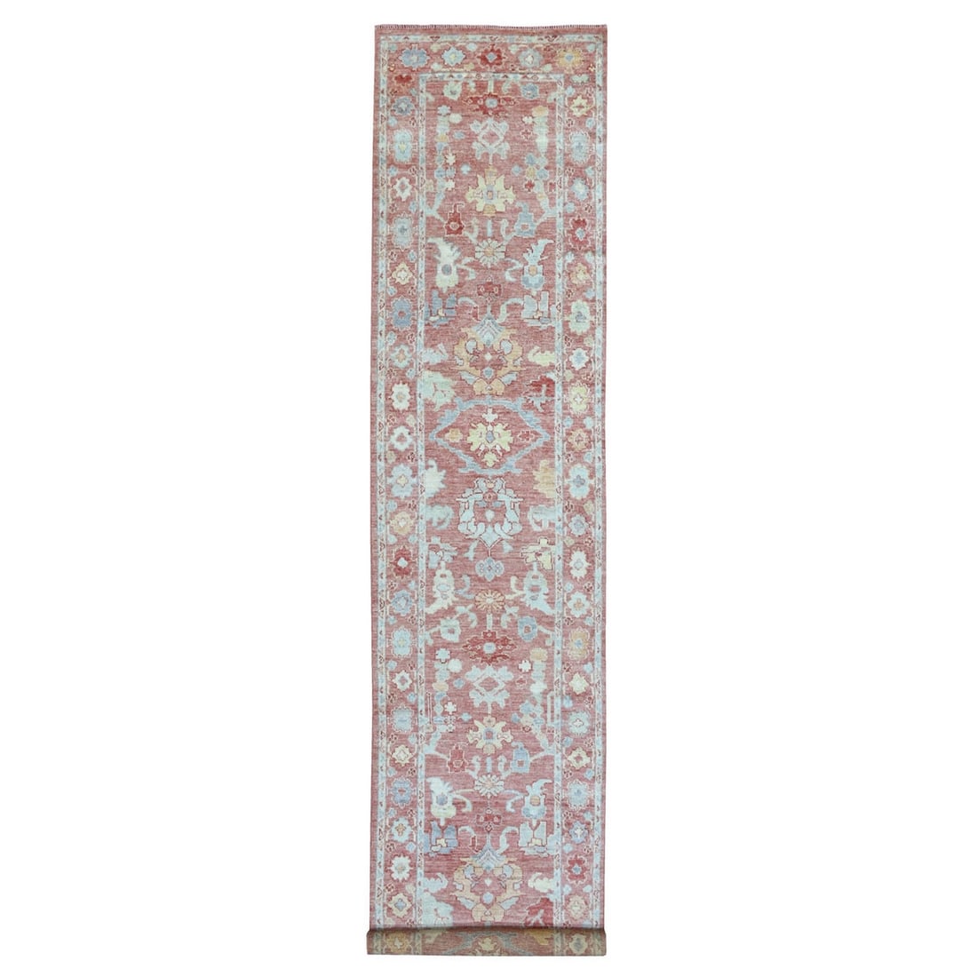 3'1"x16'1" Hand Knotted Coral Red Angora Oushak Pure Wool XL Runner Rug: 3'1"x16'1" Hand Knotted Coral Red Angora Oushak Pure Wool XL Runner Rug The 3'1"x16'1" Hand Knotted Coral Red Angora Oushak Pure Wool XL Runner Rug is a stunning example of Afghan craftsmanship, boast