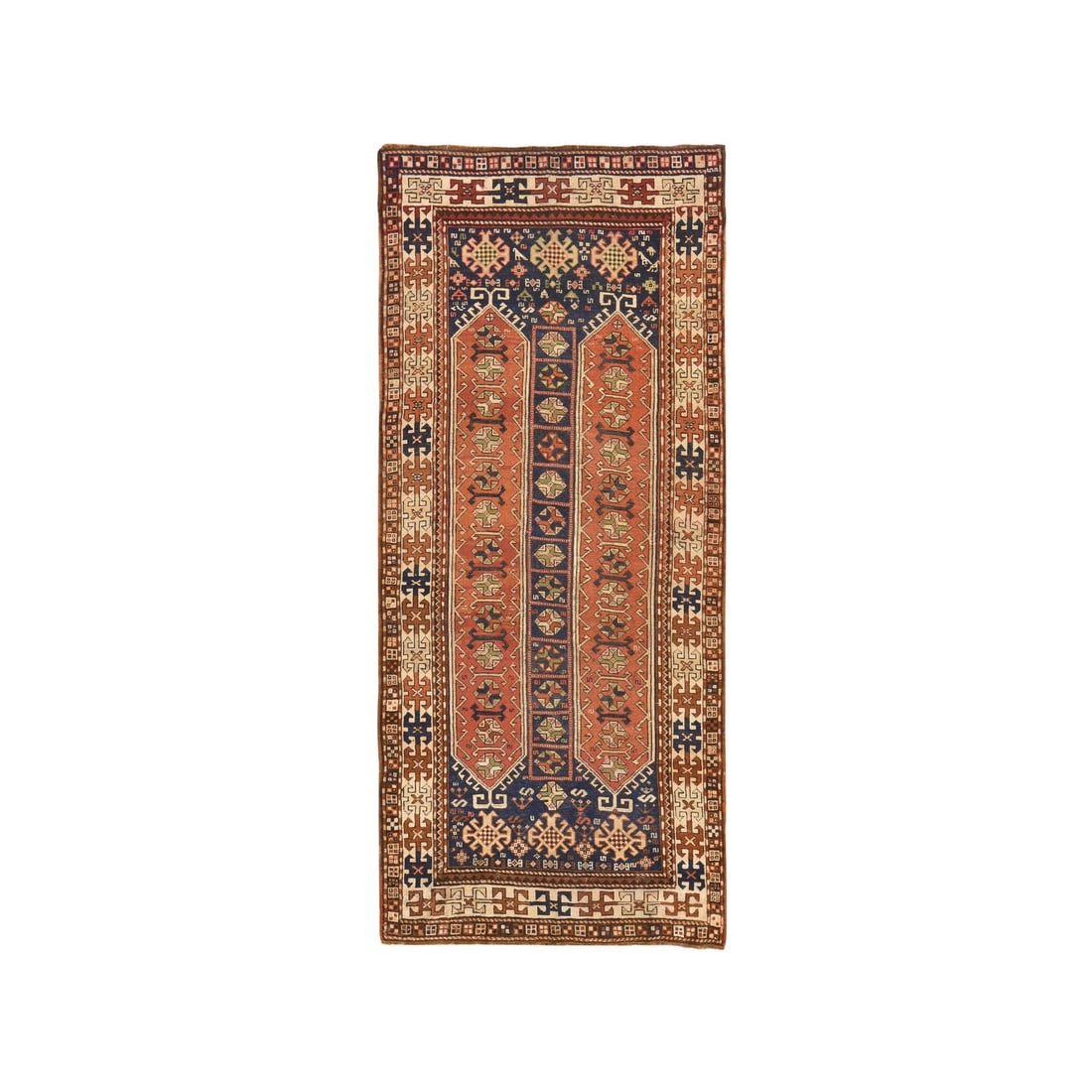 4'1"x9'3" Yale Blue Antique Caucasian Kazak Runner Hand Knotted Wool: 4'1"x9'3" Yale Blue Antique Caucasian Kazak Runner Hand Knotted Wool The 4'1"x9'3" Yale Blue Antique Caucasian Kazak Runner Hand Knotted Wool is a stunning example of traditional Azerbaijani craftsman