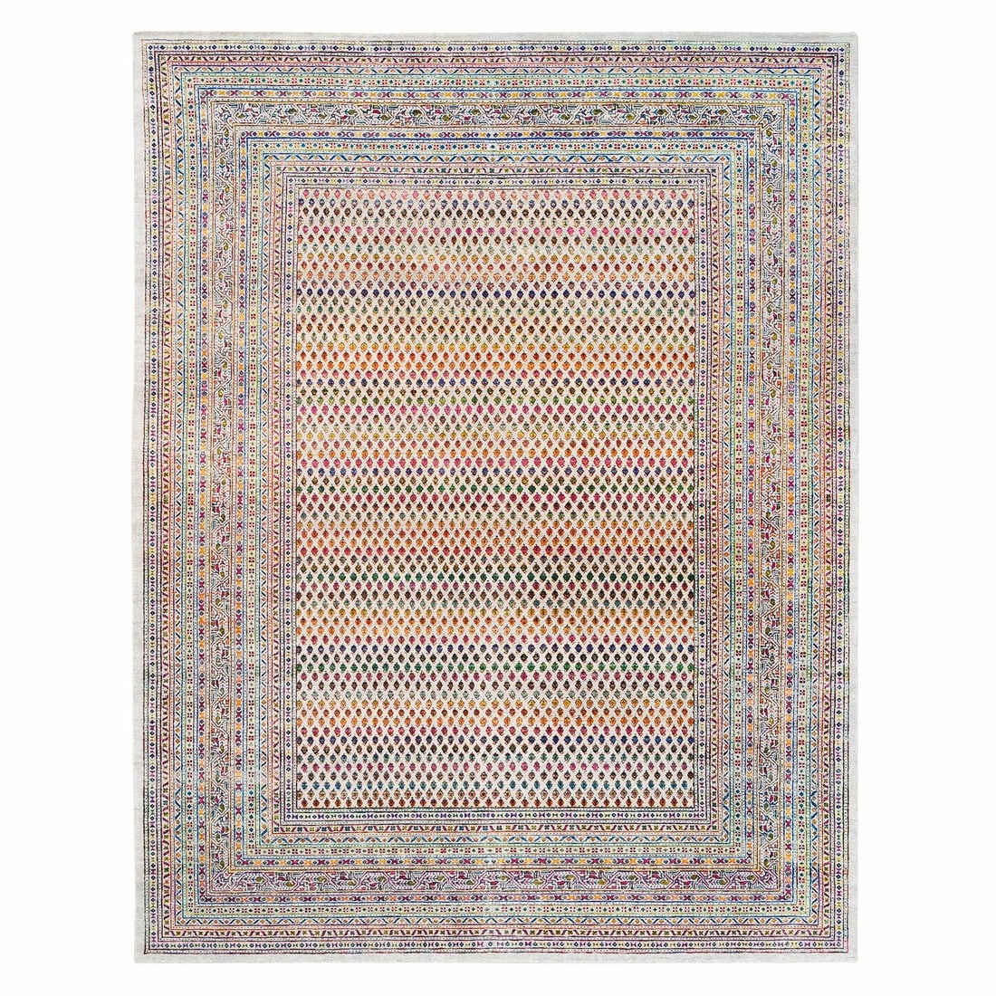 8'10"x12' Wool And Sari Silk Colorful Repetitive Boteh Hand Knotted Rug: 8'10"x12' Wool And Sari Silk Colorful Repetitive Boteh Hand Knotted Rug 8'10" x 12" Wool and Sari Silk Colorful Repetitive Boteh Hand Knotted Rug. This vibrant, hand-knotted rug boasts intricate repet