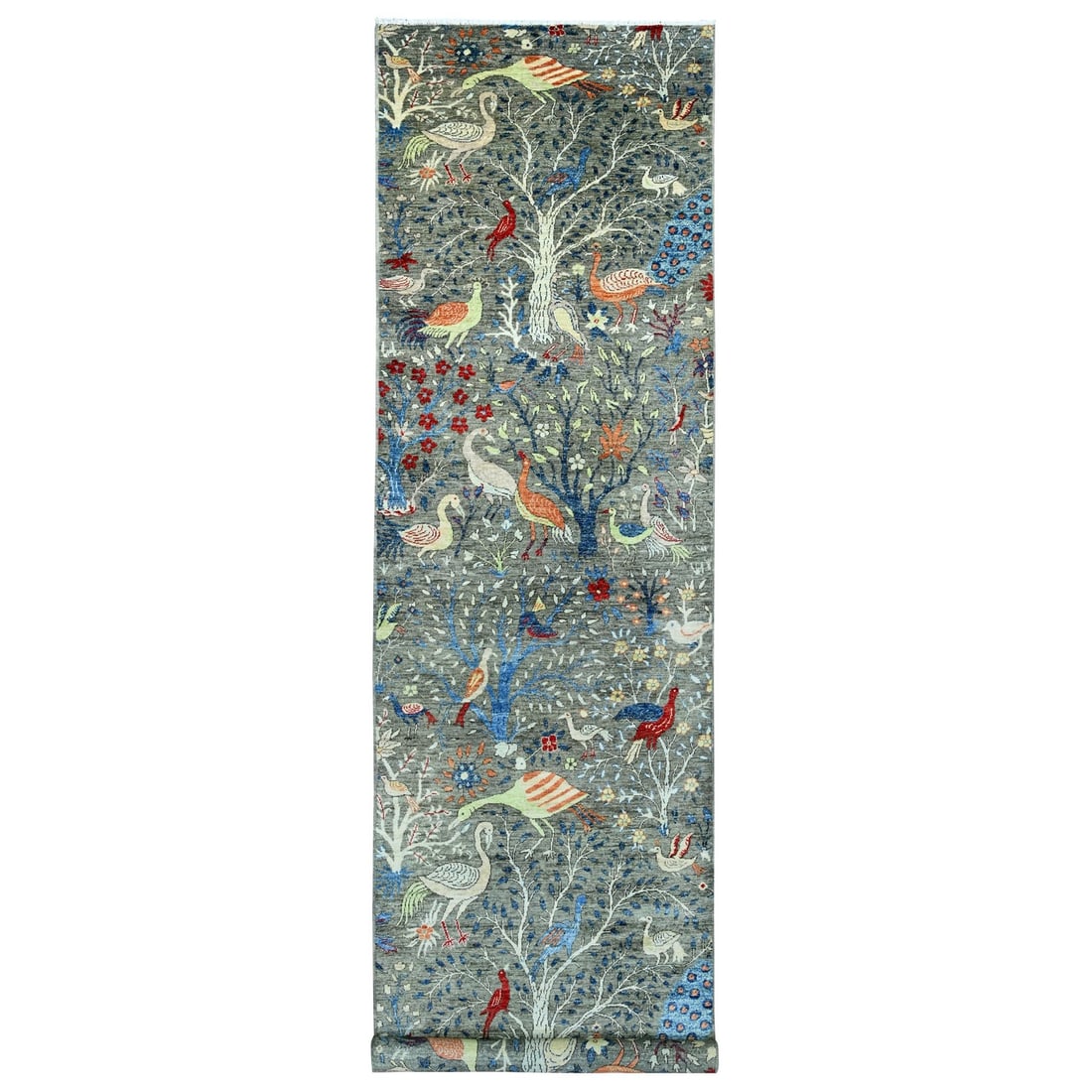 Afghan Birds Design Hand Knotted Dim Gray Soft Wool Runner Rug: Afghan Birds Design Hand Knotted Dim Gray Soft Wool Runner Rug Soft and serene, this Afghan Birds Design Hand Knotted Dim Gray Soft Wool Runner Rug is a stunning addition to any indoor space. Measurin