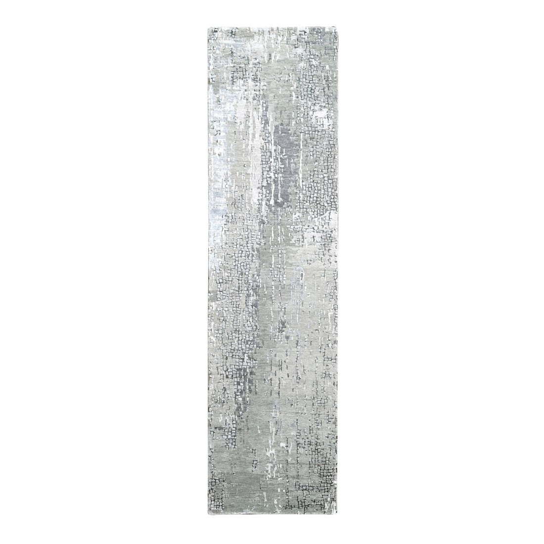 2'7"x9'10" Gray Abstract Design Wool and Silk Hand Knotted Runner Rug: 2'7"x9'10" Gray Abstract Design Wool and Silk Hand Knotted Runner Rug The 2'7"x9'10" Gray Abstract Design Wool and Silk Hand Knotted Runner Rug boasts a stunning abstract design in a soothing gray col