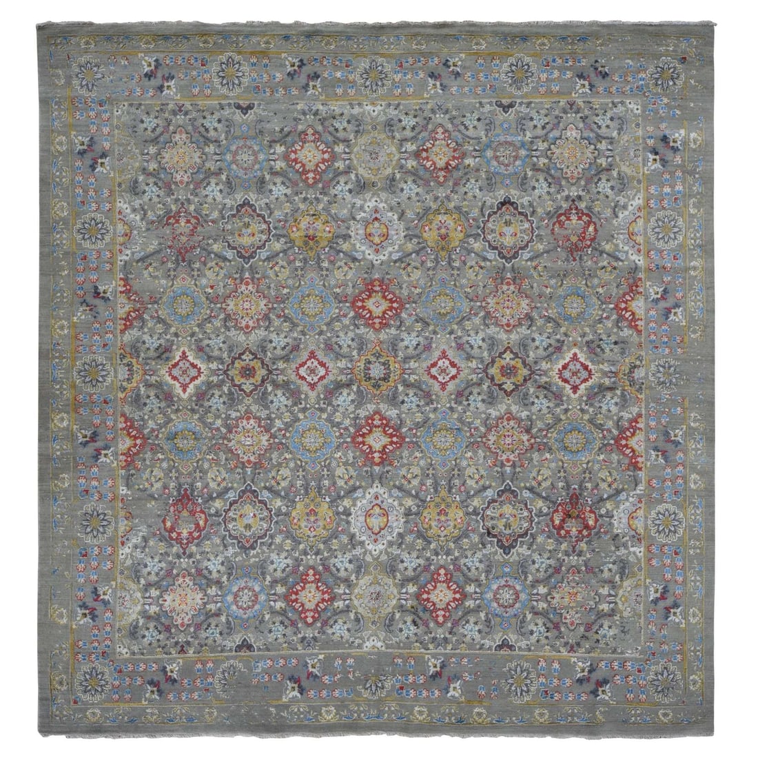 10'6"x10'6" Gray THE SUNSET ROSETTES Wool and Silk Handknotted Square Rug (1 of 11)