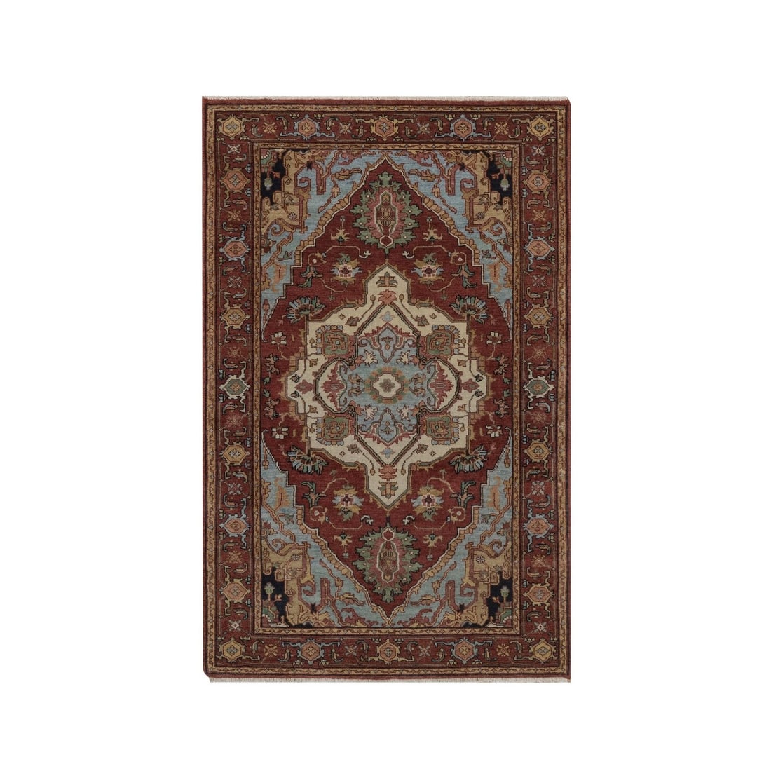 3'1"x5'1" Red Antiqued Heris Re-Creation New Zealand Wool Hand Knotted Rug: 3'1"x5'1" Red Antiqued Heris Re-Creation New Zealand Wool Hand Knotted Rug Red Heris Re-Creation New Zealand Wool Hand Knotted Rug boasts a striking medallion pattern in rich red hues, set against a r