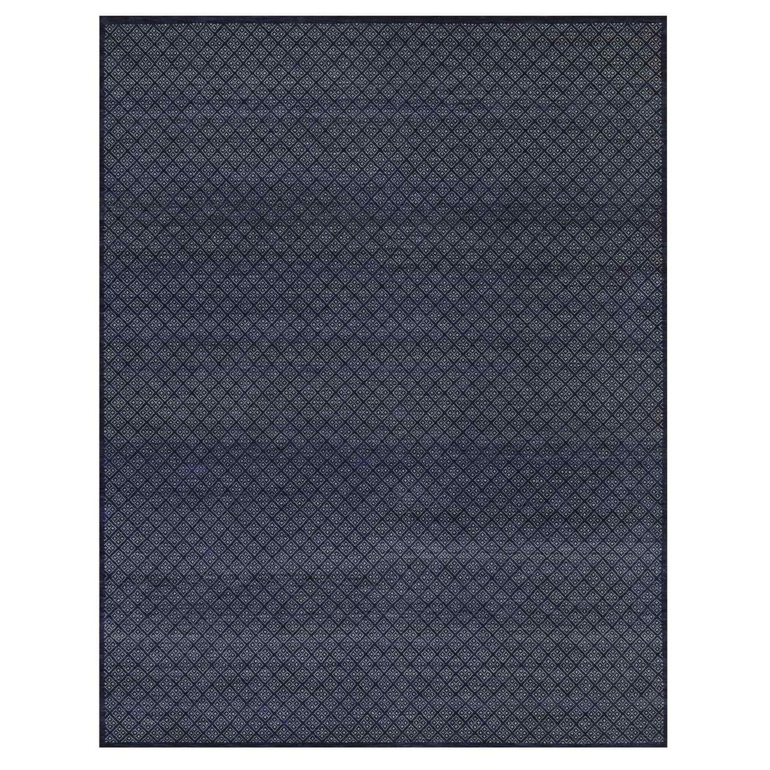 Navy Blue Pure Wool Box 9'7" Hand Knotted Tone Repetitive Design: Navy Blue Pure Wool Box 9'7" Hand Knotted Tone Repetitive Design Navy blue pure wool box rug boasts a stunning tone repetitive design in a rectangular field. Hand-knotted with a rich, wool pile, this 