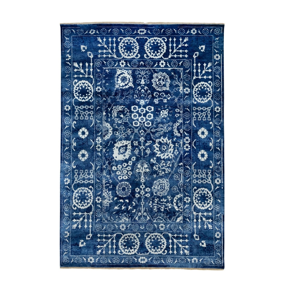 6'2"x9' Blue Hand Knotted Tone On Tone Wool and Silk Oriental Rug: 6'2"x9' Blue Hand Knotted Tone On Tone Wool and Silk Oriental Rug Blue Hand Knotted Wool and Silk Oriental Rug features a stunning tone on tone design in a rich blue color, creating a beautiful and co