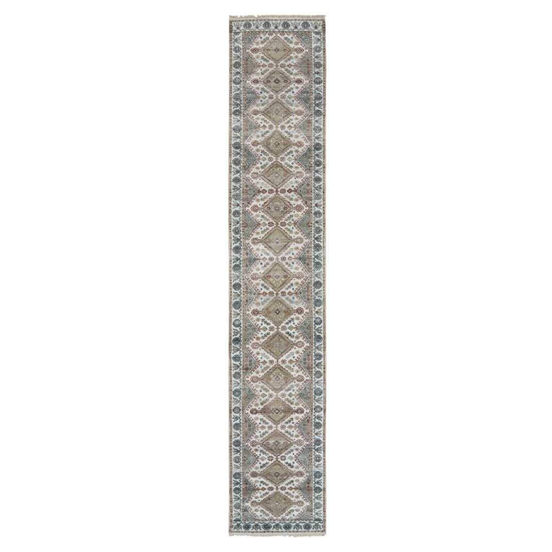 2'6"x14'1" Swan White All Wool Rosettes Border XL Runner Sustainable Rug: 2'6"x14'1" Swan White All Wool Rosettes Border XL Runner Sustainable Rug The 2'6"x14'1" Swan White All Wool Rosettes Border XL Runner Sustainable Rug is a stunning hand-knotted wool runner with an ori