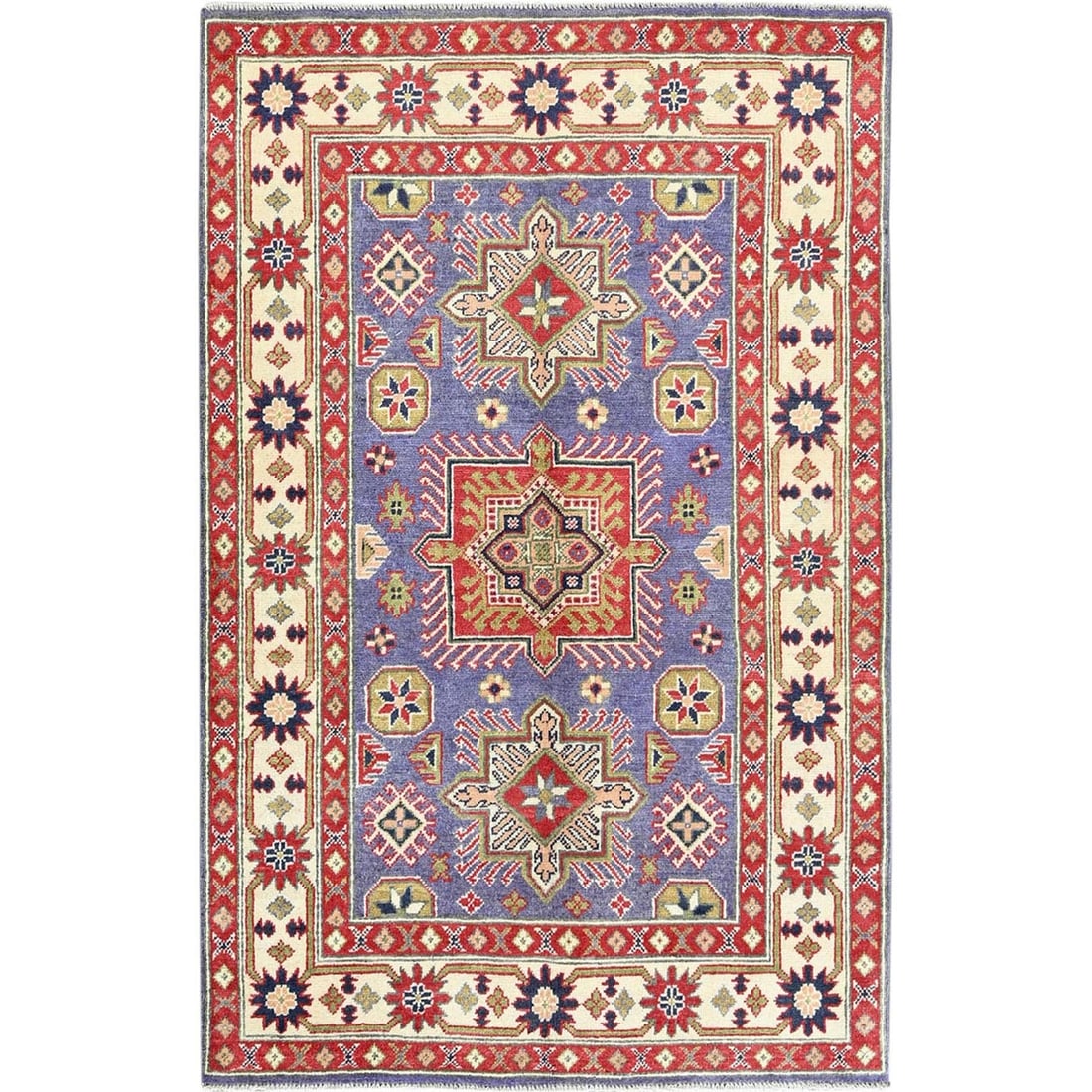 4'x6'1" Purple Kazak Geometric Medallions Design Hand Knotted Soft Wool Rug: 4'x6'1" Purple Kazak Geometric Medallions Design Hand Knotted Soft Wool Rug Soft and rich, this 4'x6'1" Purple Kazak Geometric Medallions Design Hand Knotted Soft Wool Rug boasts a stunning field of p