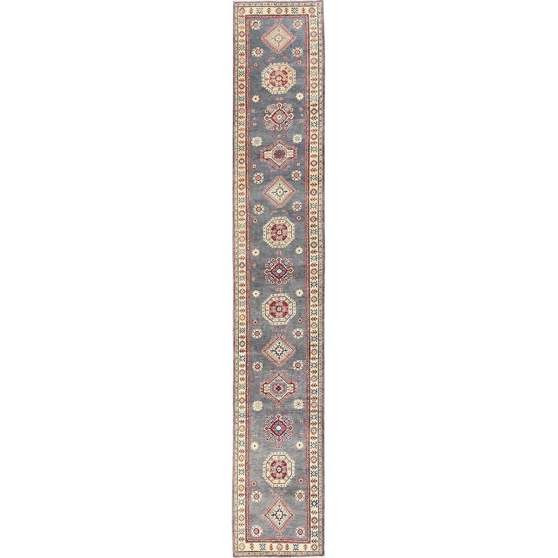 Gray Kazak with 7" Geometric 3'x18' Hand Knotted Wool Rug Runner: Gray Kazak with 7" Geometric 3'x18' Hand Knotted Wool Rug Runner The 3'x18' hand-knotted wool runner features a striking geometric pattern in shades of grey, red, blue, and black, set against a neutra