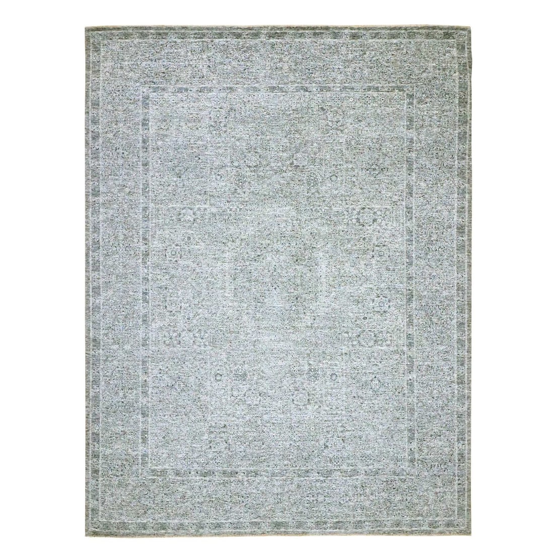 9'2"x12'1" Neutral Gray Pre Historic Mamluk Design Hand Knotted Wool Rug: 9'2"x12'1" Neutral Gray Pre Historic Mamluk Design Hand Knotted Wool Rug The 9'2"x12'1" Neutral Gray Pre Historic Mamluk Design Hand Knotted Wool Rug boasts a stunning medallion pattern, characteristi