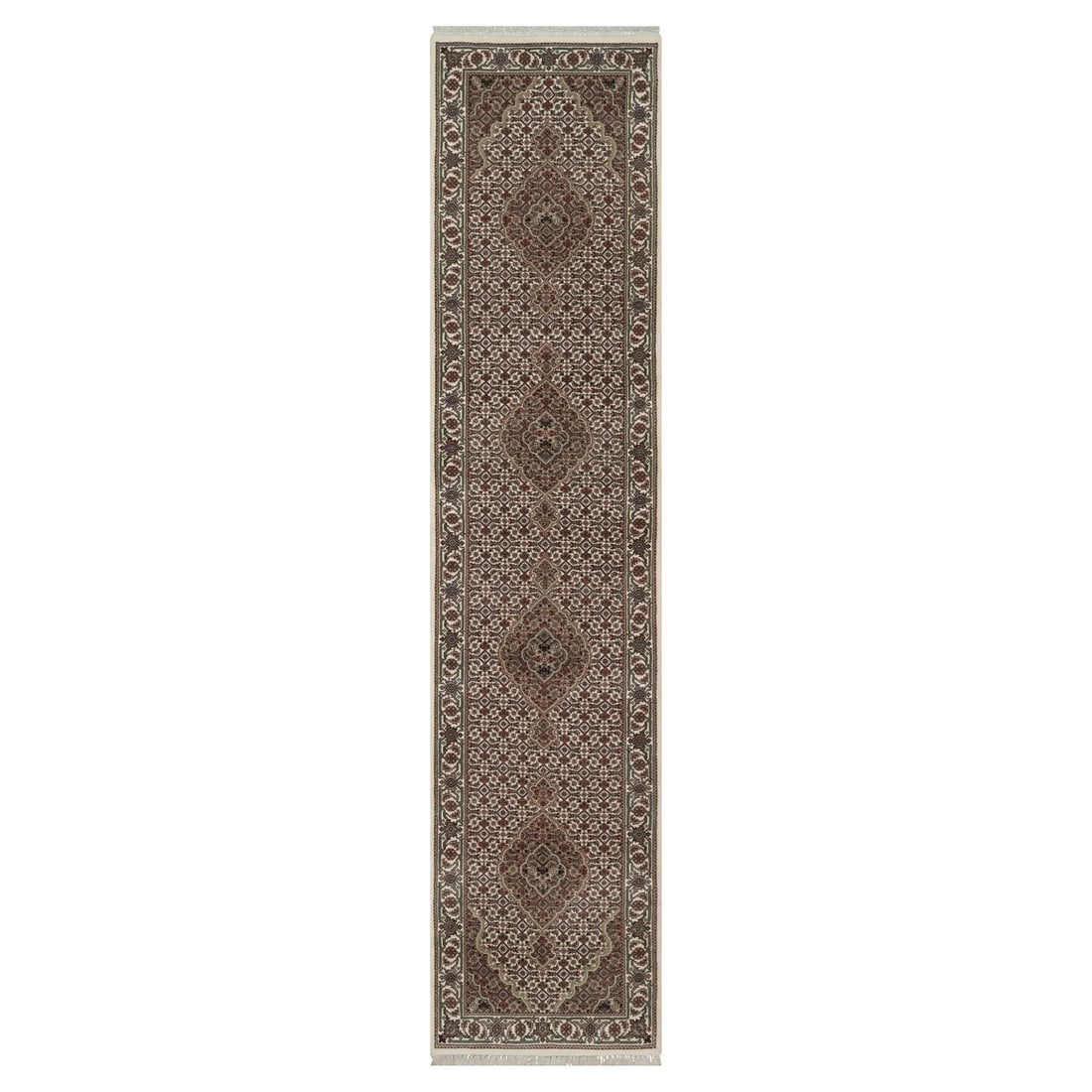 2'8"x11'9" Ivory Tebraz Mahi with Medallions Design Hand Knotted Wool Runner: 2'8"x11'9" Ivory Tebraz Mahi with Medallions Design Hand Knotted Wool Runner Hand-knotted wool runner with a stunning medallion design in ivory, adding a touch of elegance to any room. Measuring 2'8" 