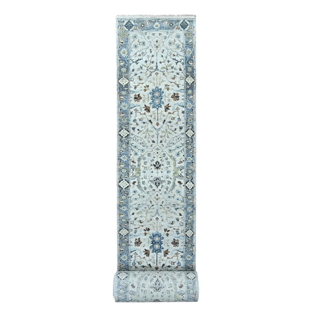 2'6"x30'4" Gray Wool Hand Knotted Oushak Floral Design XL Runner Rug: 2'6"x30'4" Gray Wool Hand Knotted Oushak Floral Design XL Runner Rug The 2'6"x30'4" Gray Wool Hand Knotted Oushak Floral Design XL Runner Rug boasts a stunning flatweave design with a rich, grey color