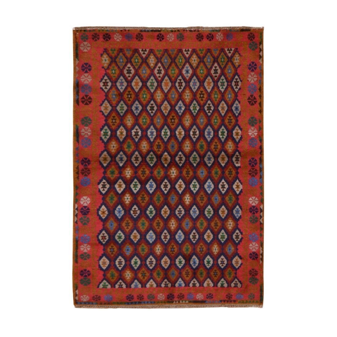 4'x6'1" Red Colorful Afghan Balooch with All Over Design Hand Knotted Wool: 4'x6'1" Red Colorful Afghan Balooch with All Over Design Hand Knotted Wool This stunning 4'x6'1" Red Colorful Afghan Balooch features an all-over design in hand-knotted wool, showcasing a unique geome