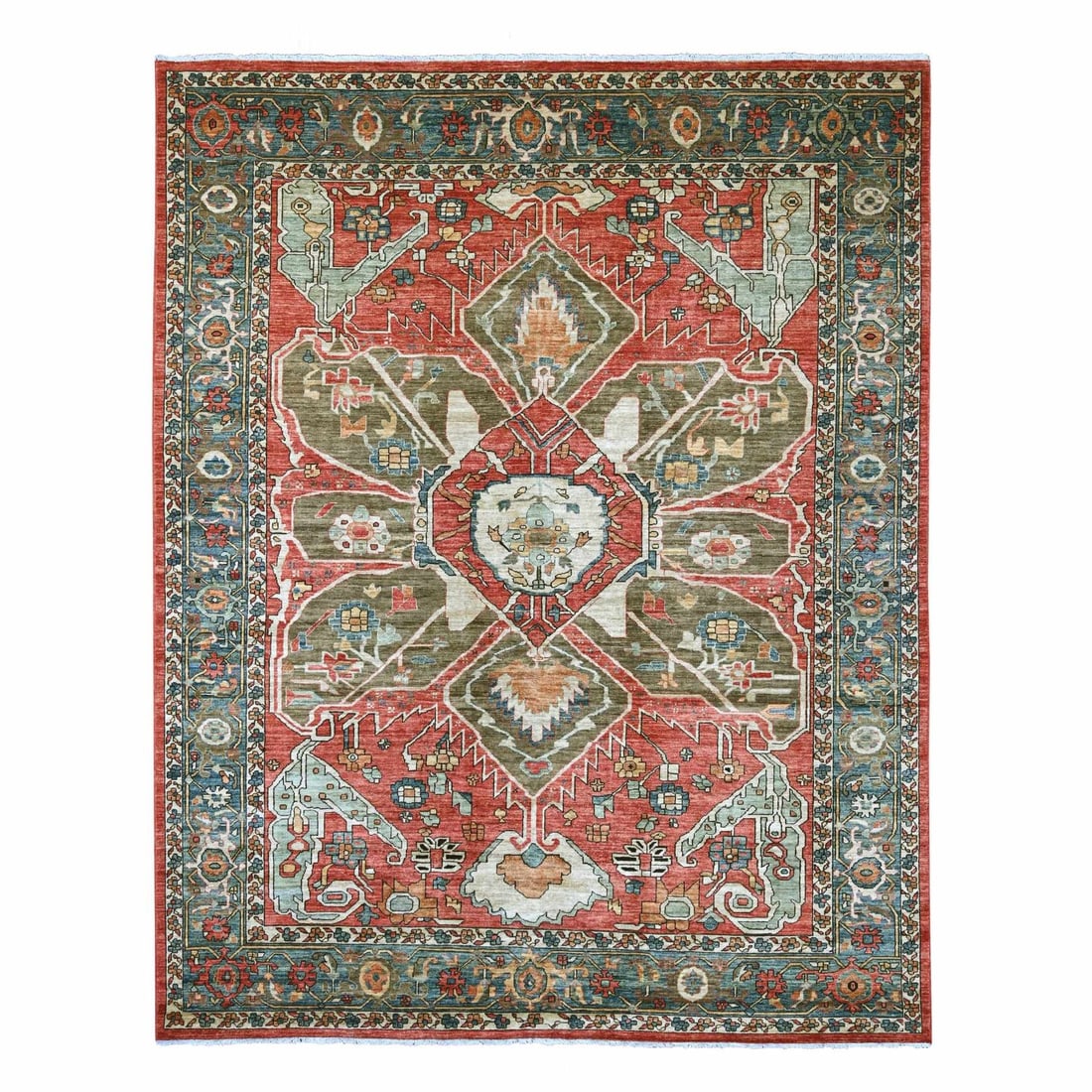 9'2"x11'7" Red Seeripe Heris with Flower Design Hand Knotted Pure Wool Rug: 9'2"x11'7" Red Seeripe Heris with Flower Design Hand Knotted Pure Wool Rug This stunning 9'2"x11'7" Red Seeripe Heris with Flower Design Hand Knotted Pure Wool Rug boasts a rich, vibrant red color and