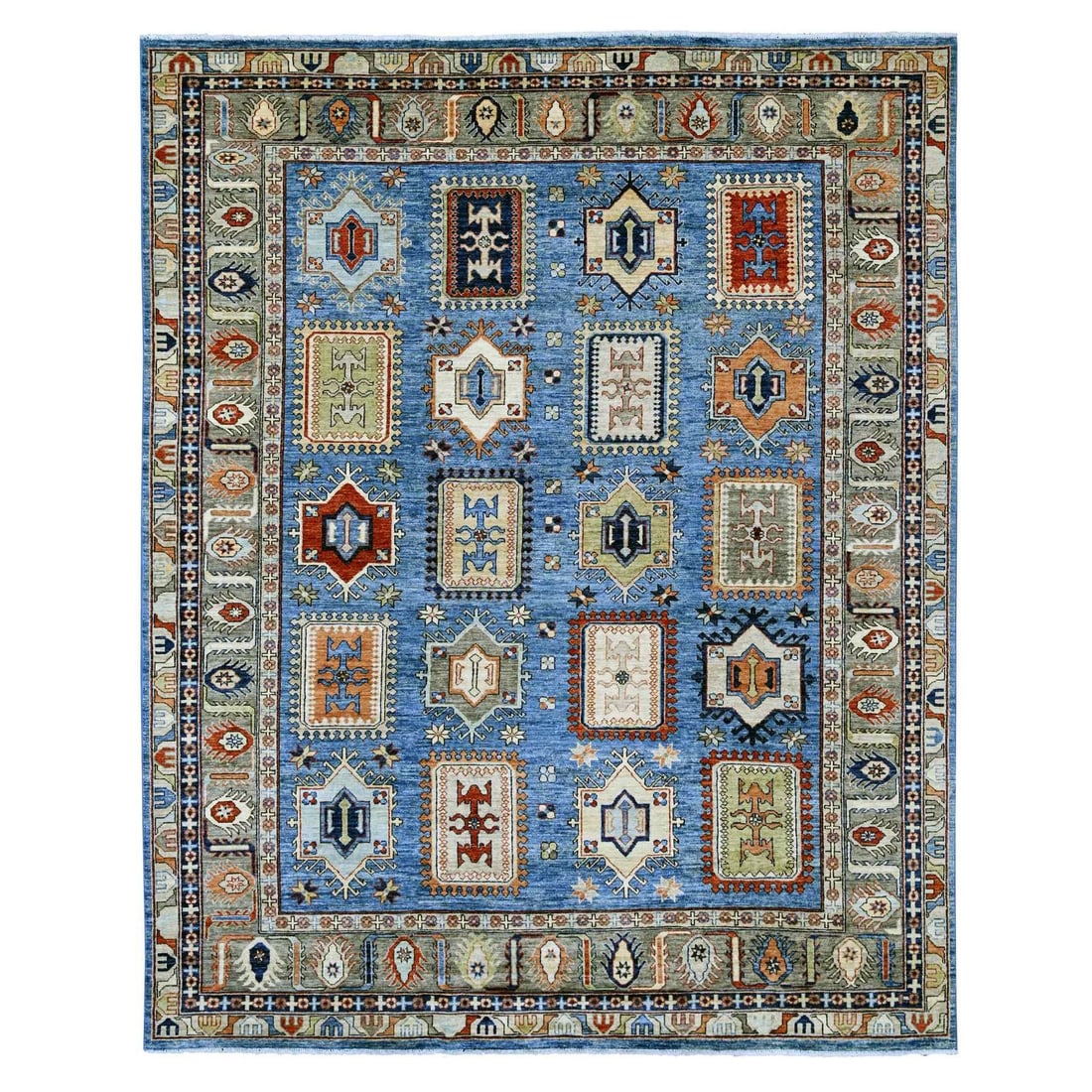 8'2"x10' Blue Afghan Ersari Caucasian Design Revival Hand Knotted Wool Rug: 8'2"x10' Blue Afghan Ersari Caucasian Design Revival Hand Knotted Wool Rug 8'2" x 10' Blue Afghan Ersari Caucasian Design Revival Hand Knotted Wool Rug boasts a stunning all-over design in a rich blue