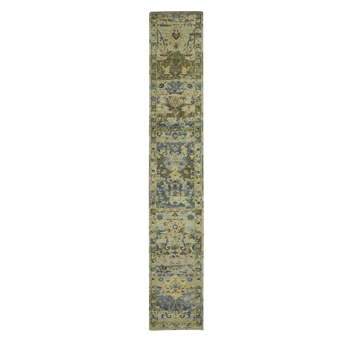 Hand Knotted Runner Rug 2'8"x16'2" Green Erased Birds Design Wool Oriental: Hand Knotted Runner Rug 2'8"x16'2" Green Erased Birds Design Wool Oriental Hand-knotted wool runner rug with an all-over green erased birds design in a transitional style, measuring 2'8" x 16'2" in a 