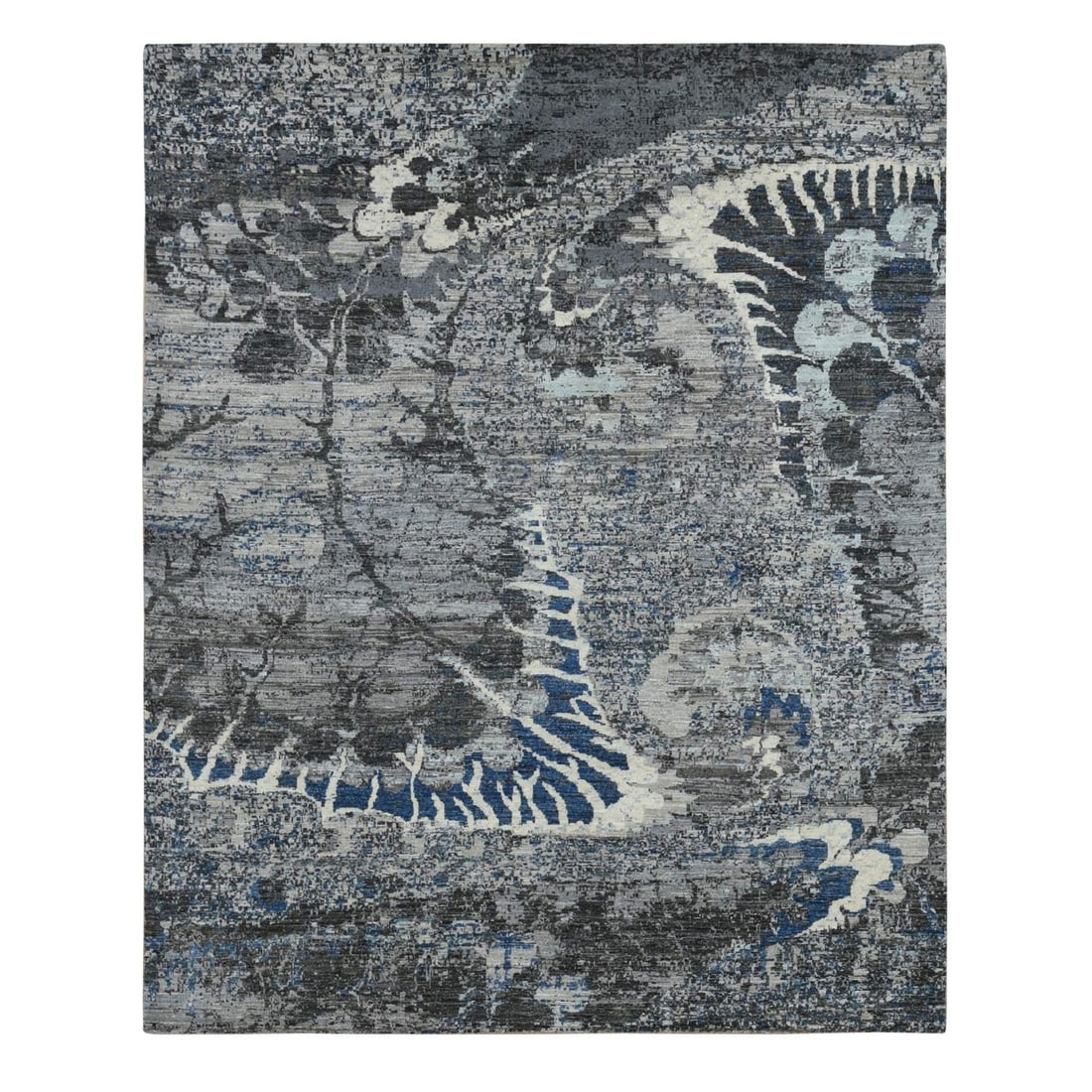 Hand knotted rug 8'1"x10'1" gray pure wool broken flower design: Hand knotted rug 8'1"x10'1" gray pure wool broken flower design Hand-knotted in pure wool, this 8'1"x10'1" rectangular rug boasts a stunning broken flower design in a soothing gray hue. Made from trad