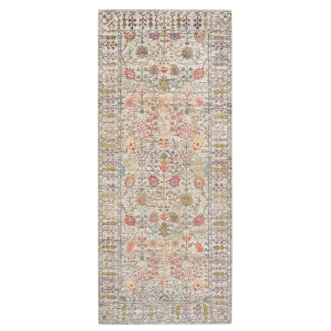 Silk Wool Hand Knotted Runner Rug Taupe Directional 4'3"x10: Silk Wool Hand Knotted Runner Rug Taupe Directional 4'3"x10 Silk and wool blend in a rich, earthy taupe hue, creating a warm and inviting atmosphere in any room. This hand-knotted runner rug boasts a 