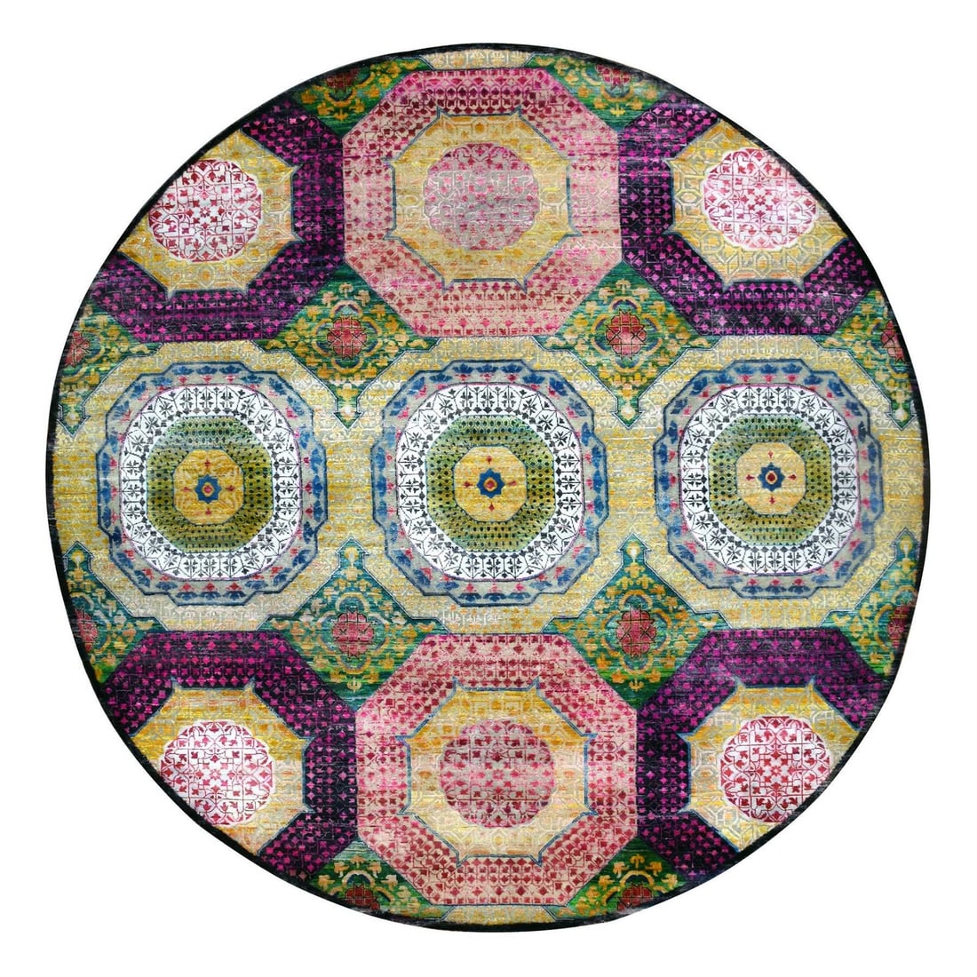 9'10"x9'10" Colorful Mamluk Design Hand Knotted Silk with Wool Round Rug: 9'10"x9'10" Colorful Mamluk Design Hand Knotted Silk with Wool Round Rug 9'10" x 9'10" Colorful Mamluk Design Hand Knotted Silk with Wool Round Rug is a stunning example of Oriental design, boasting a
