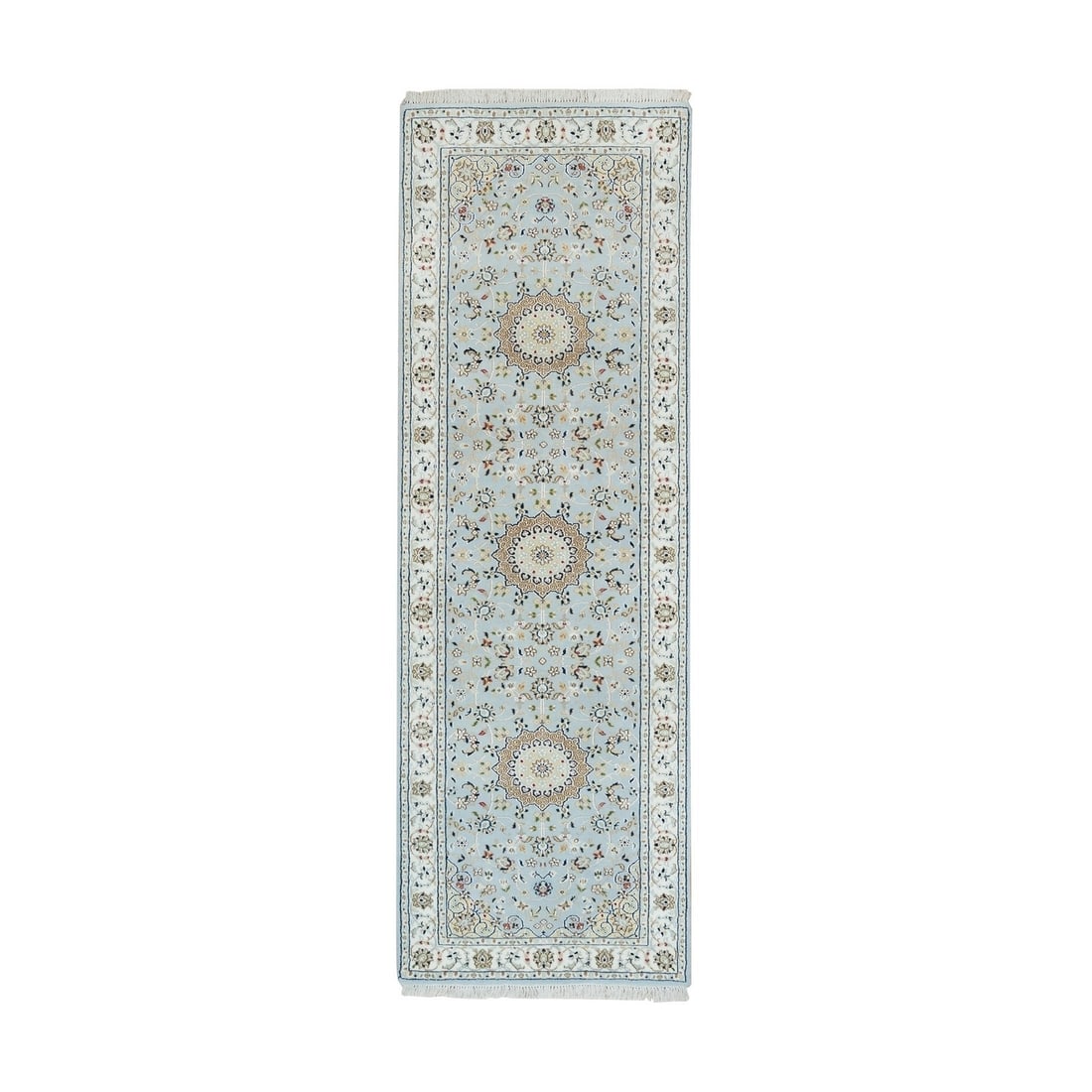 Blue Soft Wool Hand Knotted Nain Design Runner Rug 2'9"x8'4: Blue Soft Wool Hand Knotted Nain Design Runner Rug 2'9"x8'4 Softly glowing blue hues adorn this hand-knotted wool runner rug, crafted in the traditional Nain style with a rich, intricate design. Measu