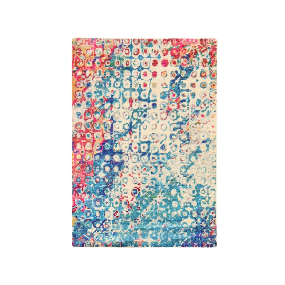 4'x6' Shades of Blue Colorful THE PEACOCK Sari Silk Hand Knotted Rug: 4'x6' Shades of Blue Colorful THE PEACOCK Sari Silk Hand Knotted Rug The Peacock sari silk hand-knotted rug boasts a stunning array of blues, from deep indigo to vibrant turquoise, creating a mesmeriz