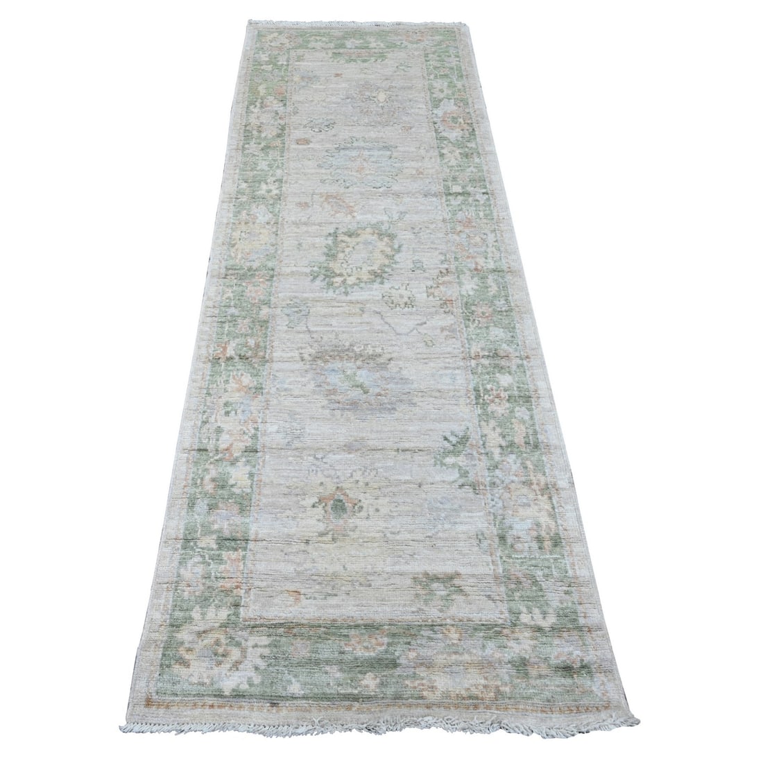 White Angora Oushak Leaf Design Hand Knotted Wool Runner Rug 2'8" 8: White Angora Oushak Leaf Design Hand Knotted Wool Runner Rug 2'8" 8 Hand-knotted in wool, this stunning Oushak-style runner rug boasts an intricate leaf design in a soft ivory hue. Measuring 2'8" x 7'