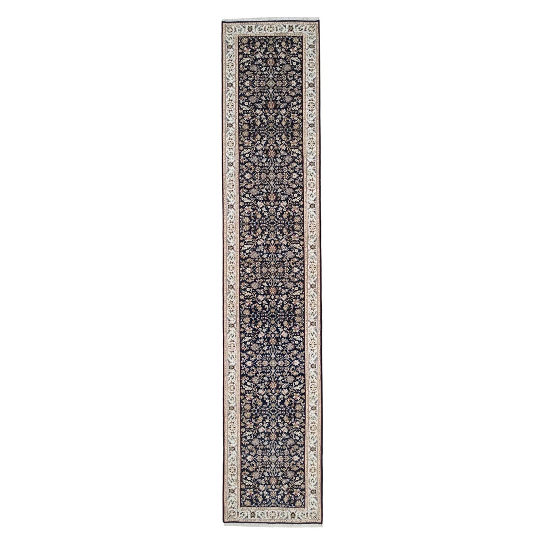 2'9"x14' Midnight Blue Nain Flower Design Wool Hand Knotted Runner Rug: 2'9"x14' Midnight Blue Nain Flower Design Wool Hand Knotted Runner Rug Midnight Blue Nain Flower Design Wool Hand Knotted Runner Rug measures 2'9" x 14'0" and features a stunning field of blue with in