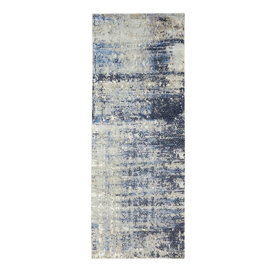 4'x11'9" Hand Knotted Abstract With Mosaic Design Silk Wide Runner Rug: 4'x11'9" Hand Knotted Abstract With Mosaic Design Silk Wide Runner Rug Grey silk hand-knotted abstract mosaic design rug with a subtle ballad blue and beige accent, adding depth to the field color of 