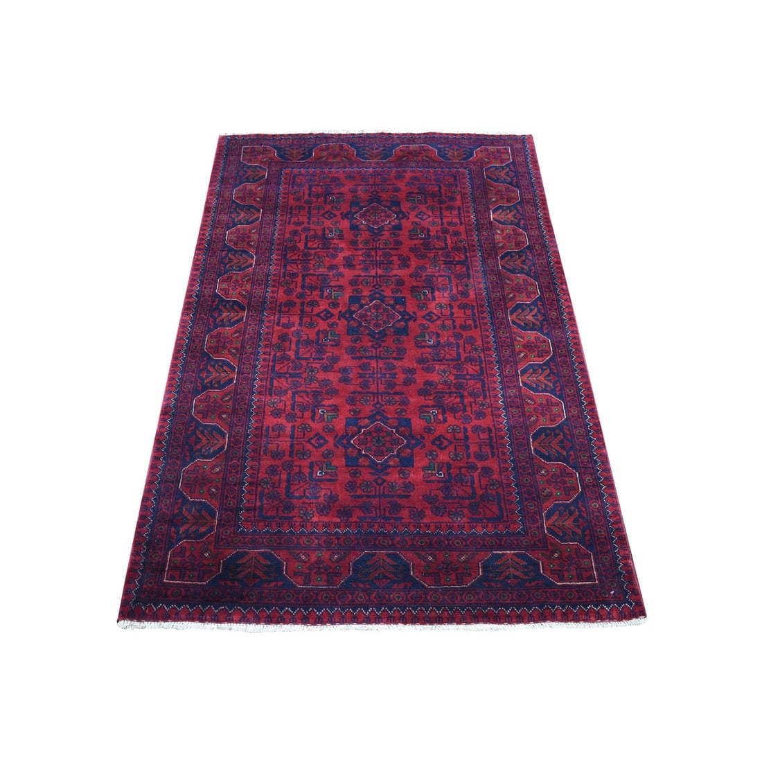 3'3"x5' Deep Red Afghan Khamyab Extra Soft Wool Hand Knotted Rug: 3'3"x5' Deep Red Afghan Khamyab Extra Soft Wool Hand Knotted Rug Deep red hues dominate this stunning 3'3"x5' Afghan hand-knotted wool rug, featuring an intricate Oriental regional design. Made from e