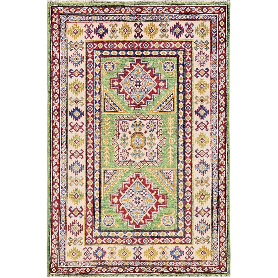3'4"x5' Swamp Green Kazak with Geometric Design Hand Knotted Pure Wool Rug: 3'4"x5' Swamp Green Kazak with Geometric Design Hand Knotted Pure Wool Rug Swamp Green Kazak with Geometric Design Hand Knotted Pure Wool Rug features a unique geometric pattern in a rich, vibrant gre