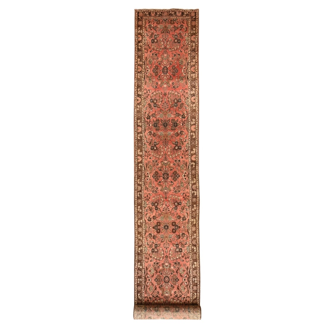 2'9"x24'2" Peach Vintage Zoroastrian Wool Hand Knotted Runner Oriental Rug: 2'9"x24'2" Peach Vintage Zoroastrian Wool Hand Knotted Runner Oriental Rug This stunning 2'9"x24'2" Peach Vintage Zoroastrian Wool Hand Knotted Runner Oriental Rug boasts an all-over regional design i