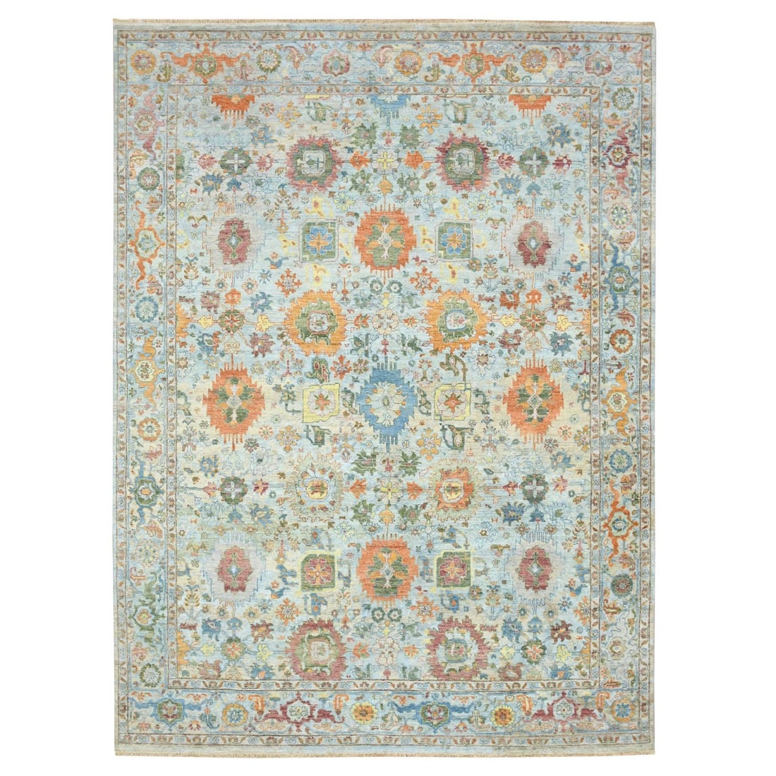 Light Blue Sultanabad Pure Wool Hand Knotted Rug Reimagined 8'9"x12: Light Blue Sultanabad Pure Wool Hand Knotted Rug Reimagined 8'9"x12 Hand-knotted in pure wool, this stunning Light Blue Sultanabad rug boasts an all-over regional design in a rich blue field with subt