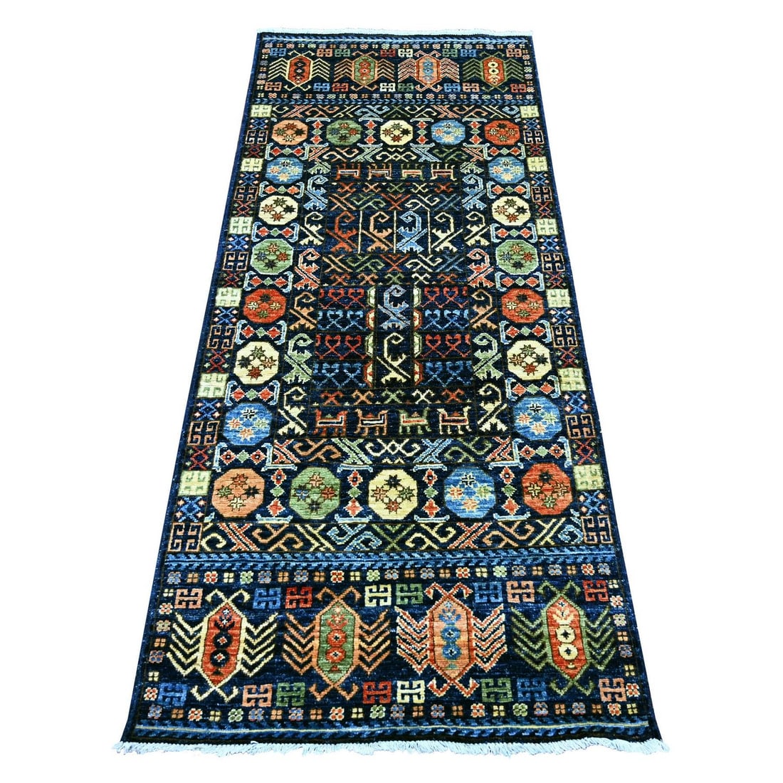 Blue Hand Knotted Afghan Ersari Wool Runner Rug 2'8"x6'4: Blue Hand Knotted Afghan Ersari Wool Runner Rug 2'8"x6'4 Hand-knotted in traditional Afghan style, this stunning blue wool runner rug boasts a geometric field design and intricate weave. Made from hig