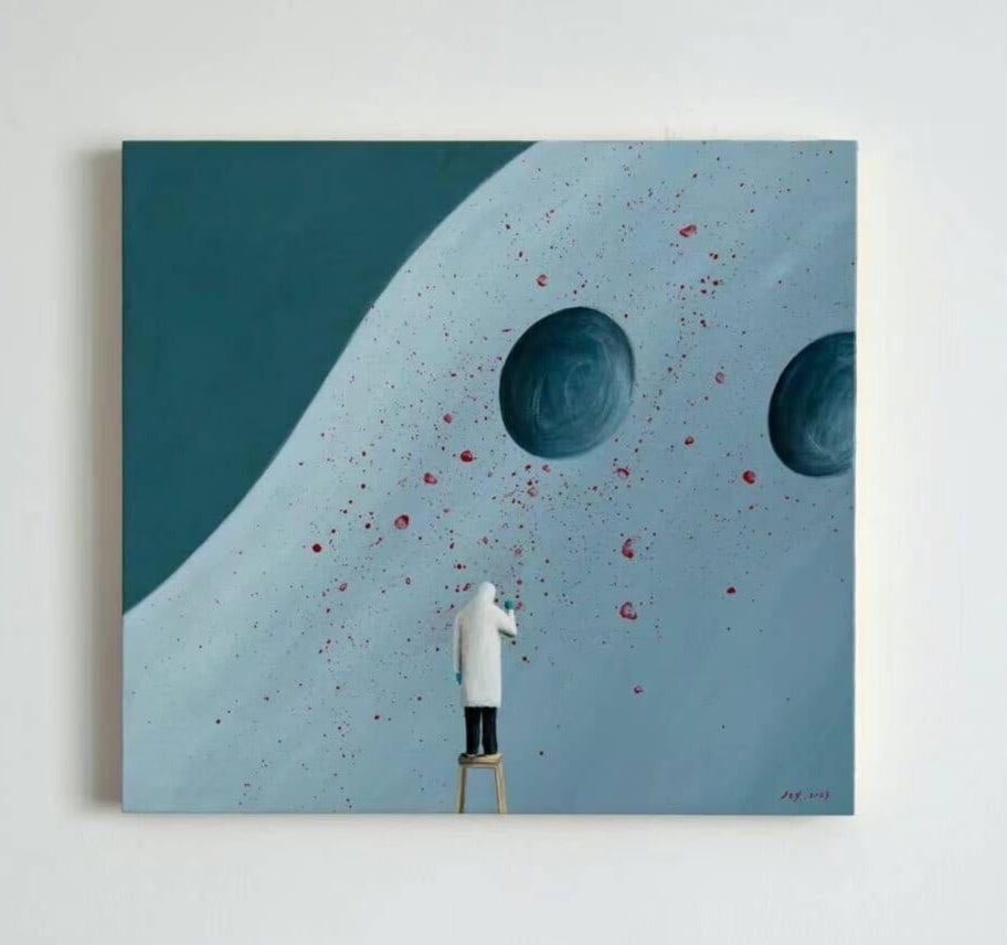 Jing Zhiyong (Chinese) Unique Original Oil Painting on Canvas Signed 42x39cm (1 of 6)