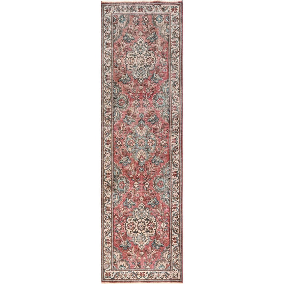 3'2"x11' Blush Red Vintage Zoroastrian Tebraz Wool Hand Knotted Runner Rug: 3'2"x11' Blush Red Vintage Zoroastrian Tebraz Wool Hand Knotted Runner Rug This stunning 3'2" x 11' Blush Red Vintage Zoroastrian Tebraz Wool Hand Knotted Runner Rug boasts an intricate medallion patt