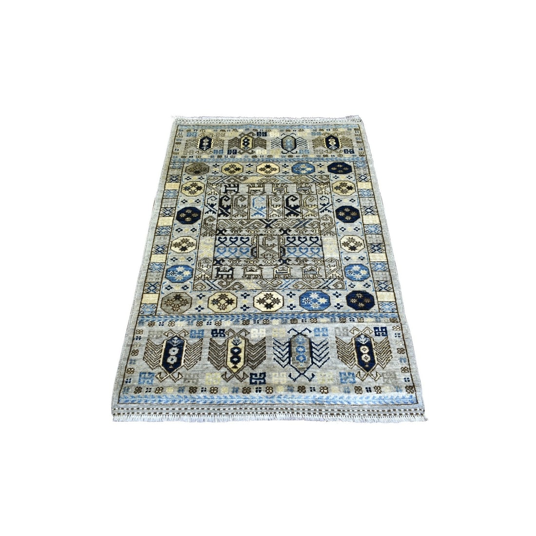 Afghan Ersari Gray Rug 3'3"x4'10" Hand Knotted Wool: Afghan Ersari Gray Rug 3'3"x4'10" Hand Knotted Wool Hand-knotted wool Afghan Ersari Gray Rug measures 3'3" x 4'10" and features a stunning grey color. Made from 100% wool, this rug showcases the tradi