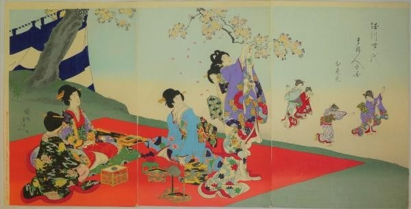 Chikanobu Woodblock Print Triptych Cherry Blossom Tokugawa Ladies Meiji 1898 (1 of 1)
