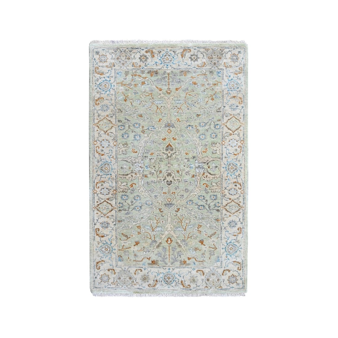 Green Oushak Rug Hand Knotted Pure Wool with Floral Motifs 3'1"x4'10: Green Oushak Rug Hand Knotted Pure Wool with Floral Motifs 3'1"x4'10 Hand-knotted in pure wool, this stunning Green Oushak Rug boasts an all-over floral motif in a rich, muted palette. Measuring 3'1" 