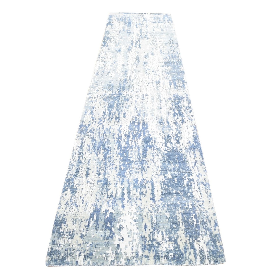 2'7"x12'1" Hand Knotted Abstract Design Wool and Real Silk Runner Rug: 2'7"x12'1" Hand Knotted Abstract Design Wool and Real Silk Runner Rug Hand-knotted in wool and silk, this 2'7"x12'1" abstract design runner rug boasts a stunning blue field color with subtle gray and 